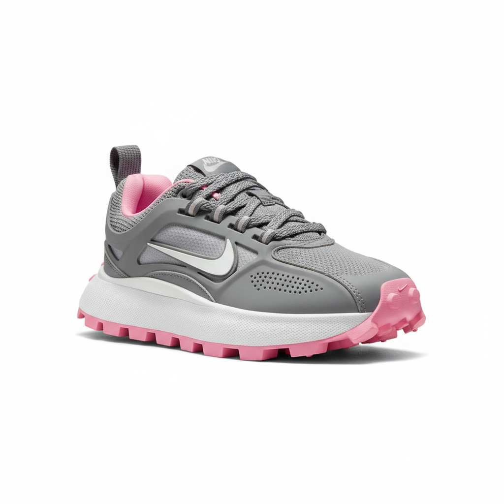 Tênis Nike cinza com sola rosa texturizada - vista frontal