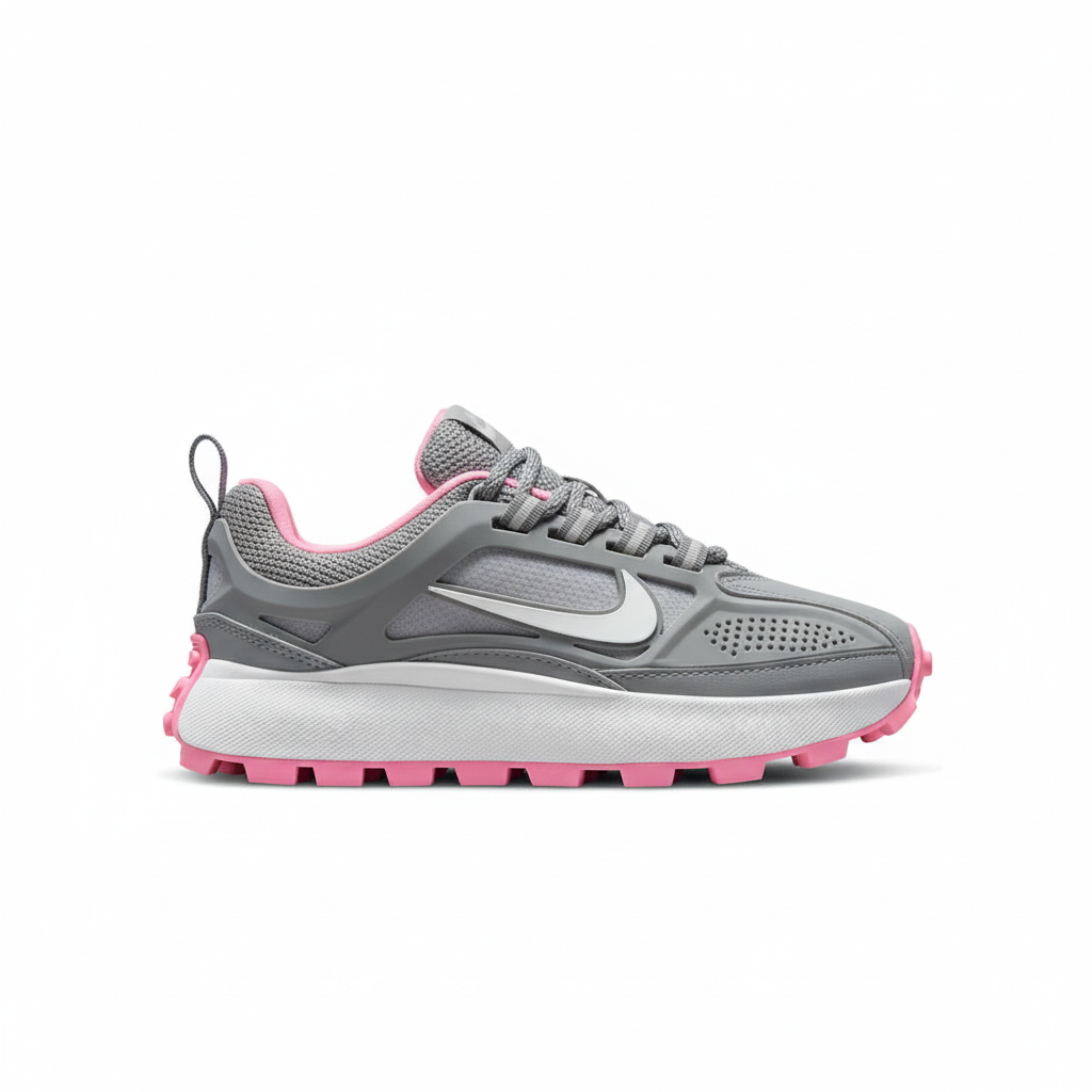 Tênis Nike cinza com sola rosa texturizada - vista lateral